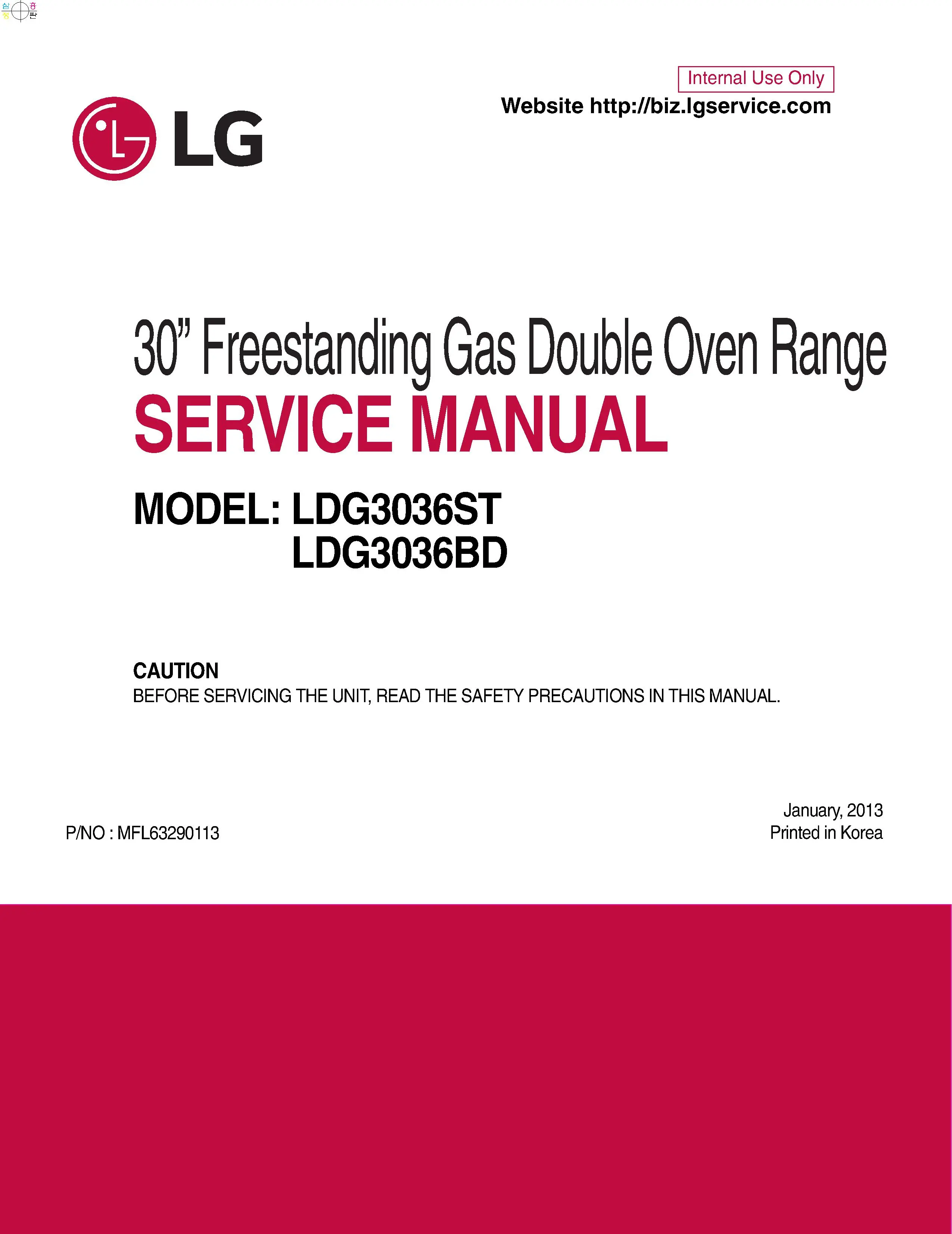 Lg ldg3036st ldg3036bd service manual cover freestanding range