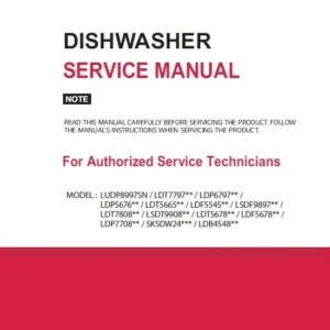 Front cover of an LG Dishwasher Service Manual intended for authorized service technicians, featuring a clean white background, the LG logo, and a solid red block at the bottom. It lists several compatible dishwasher model numbers including LUDP8997SN, LDT7797**, and LDP6797**.