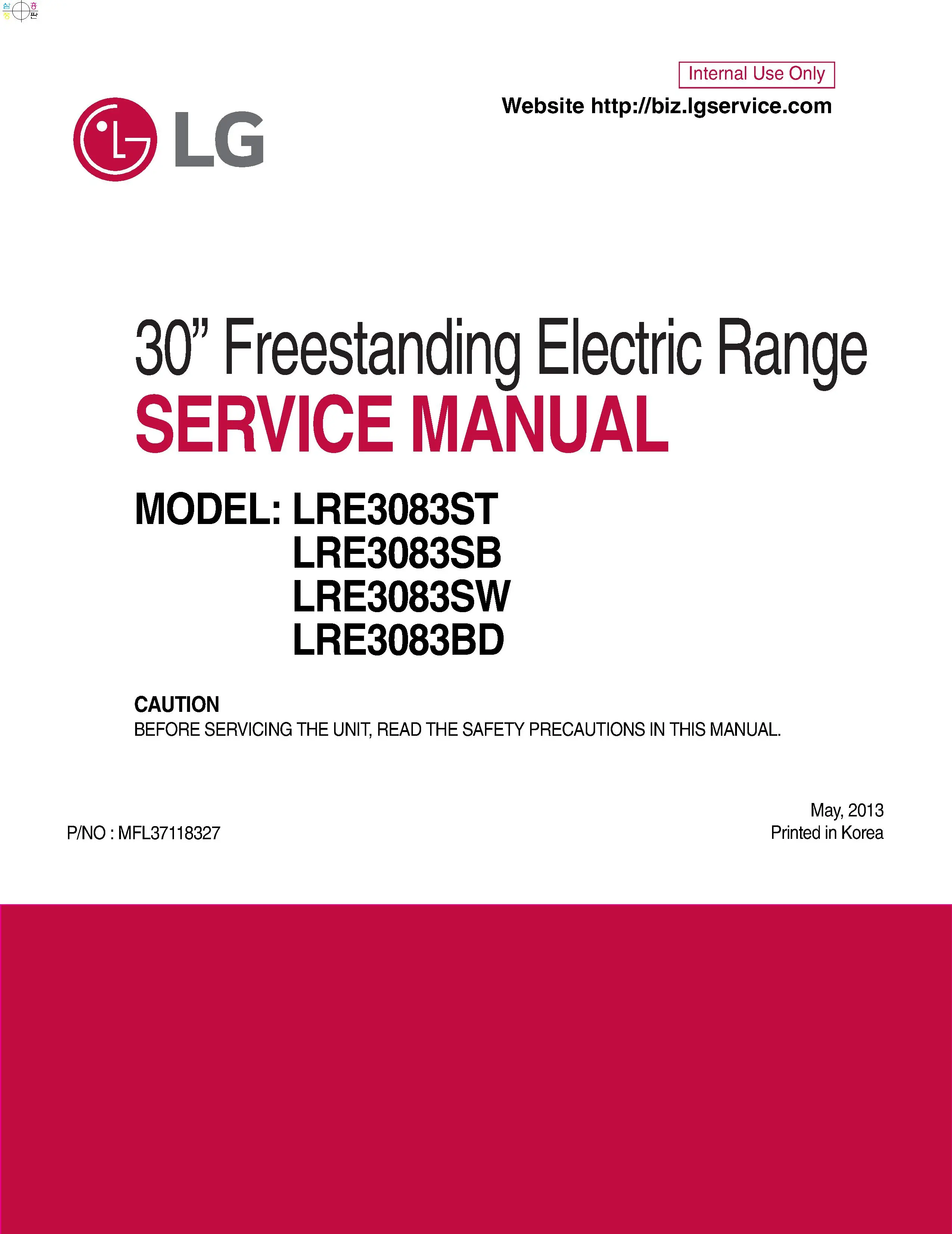 Lg lre3083bd lre3083st lre3083sb lre3083sw service manual cover freestanding range