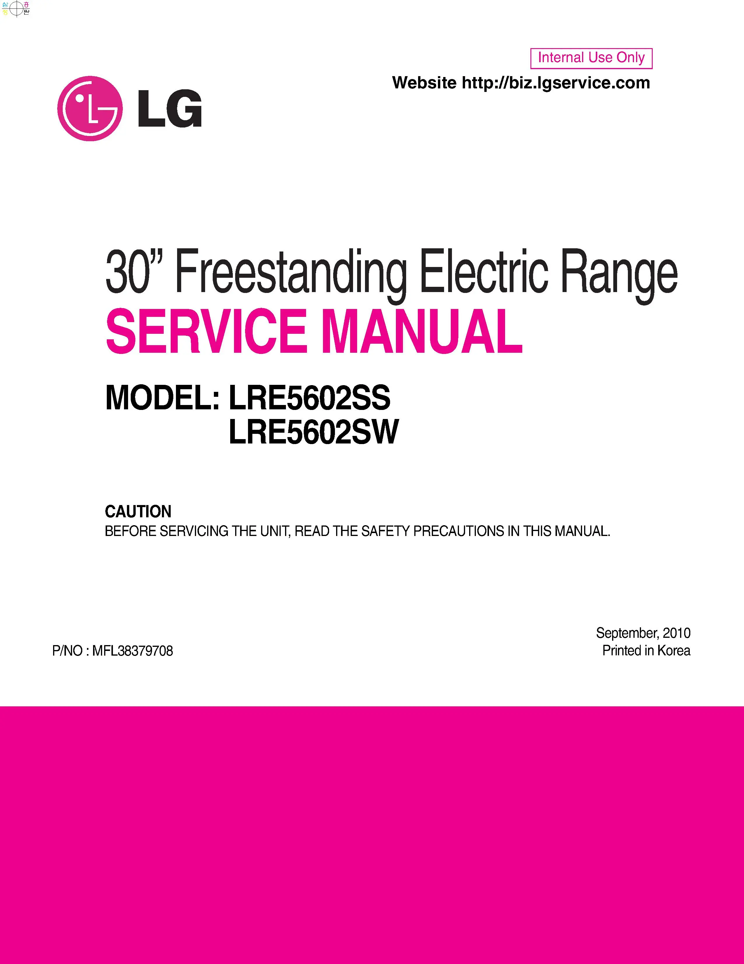 Lg lre5602ss lre5602sw service manual cover freestanding range