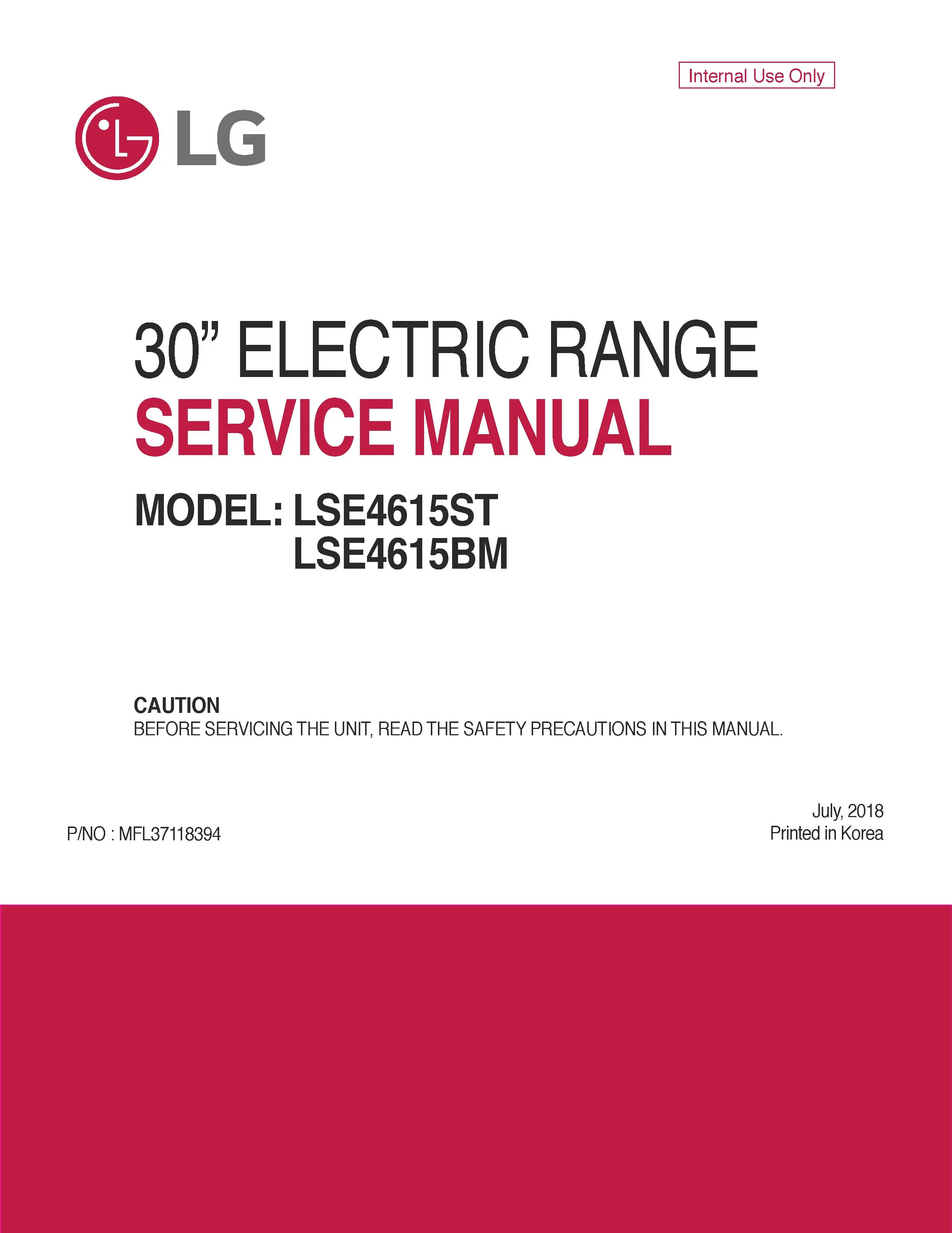 Lg lse4615st lse4615bm service manual cover freestanding range
