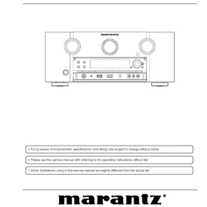 Marantz av7005 service manual cover with a photograph of this device, model type and code, manual contents and modification notice.