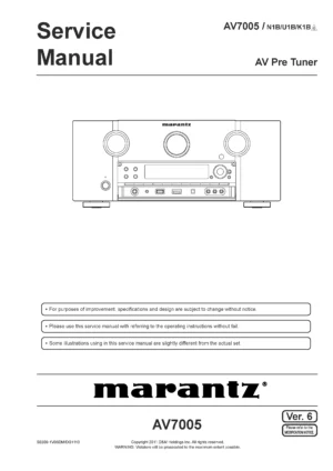 Marantz av7005 service manual cover with a photograph of this device, model type and code, manual contents and modification notice.