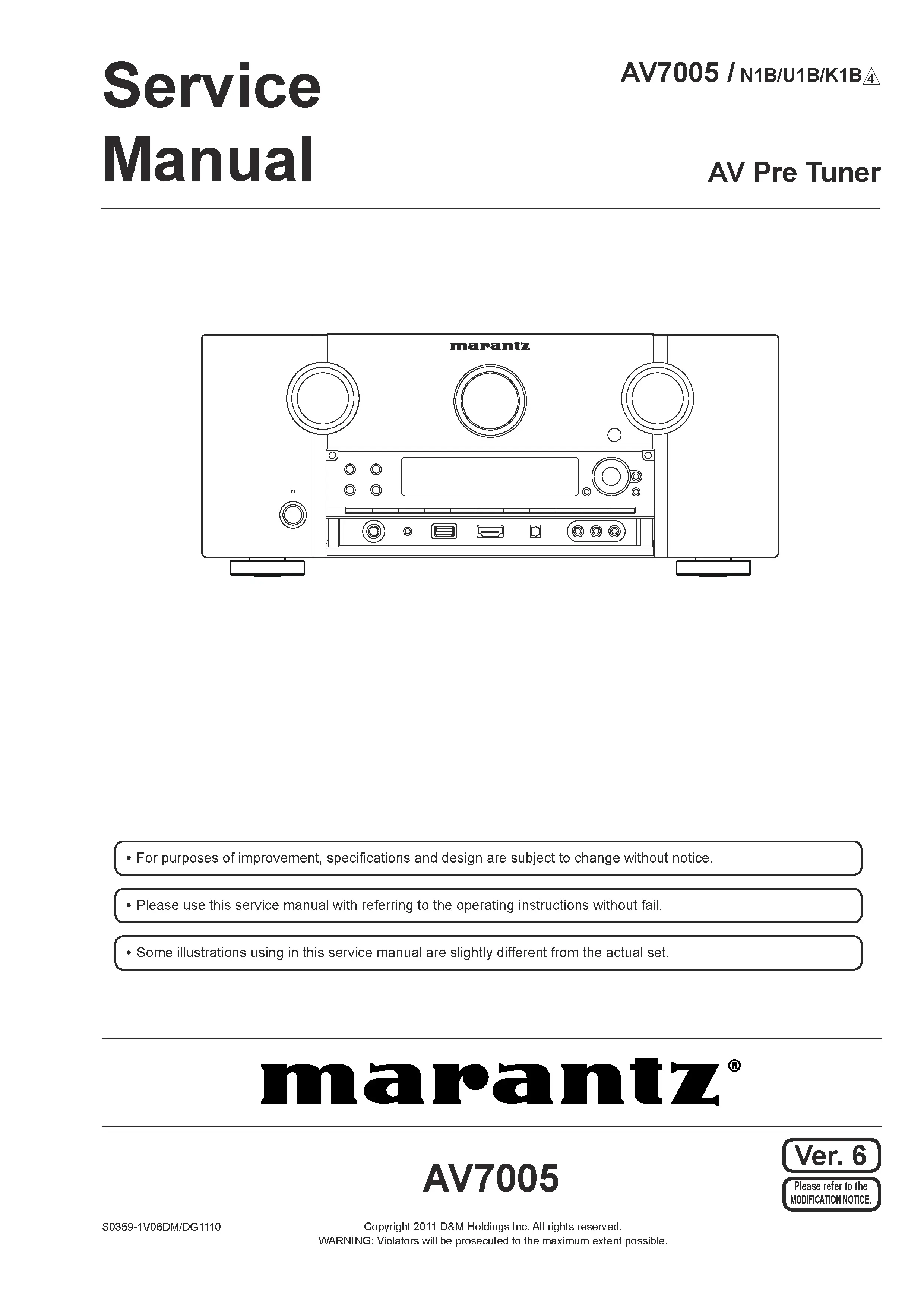 Marantz av7005 service manual cover with a photograph of this device, model type and code, manual contents and modification notice.
