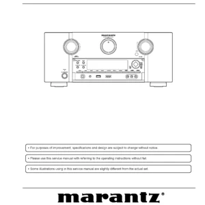 Marantz av7701 service manual cover with a photograph of this device, model type and code, manual contents and modification notice.