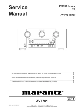 Marantz av7701 service manual cover with a photograph of this device, model type and code, manual contents and modification notice.
