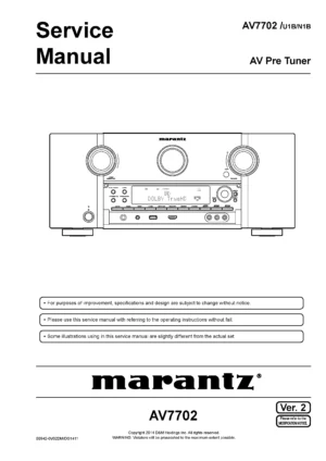 Marantz av7702 service manual cover with a photograph of this device, model type and code, manual contents and modification notice.