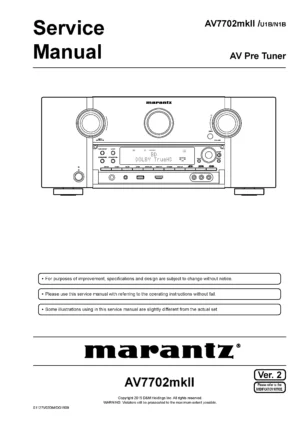 Marantz av7702mk2 service manual cover with a photograph of this device, model type and code, manual contents and modification notice.