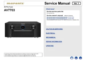 Marantz av7703 service manual cover with a photograph of this device, model type and code, manual contents and modification notice.