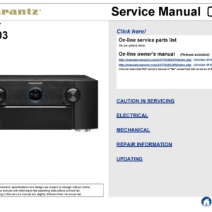 Marantz av7703 service manual cover with a photograph of this device, model type and code, manual contents and modification notice.