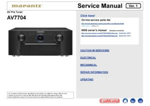 Marantz av7704 service manual cover with a photograph of this device, model type and code, manual contents and modification notice.