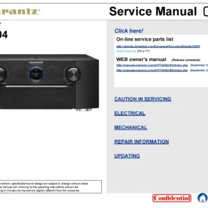 Marantz av7704 service manual cover with a photograph of this device, model type and code, manual contents and modification notice.