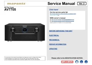 Marantz av7705 service manual cover with a photograph of this device, model type and code, manual contents and modification notice.