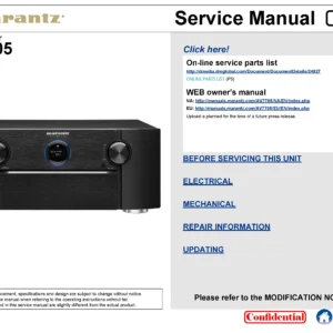 Marantz av7705 service manual cover with a photograph of this device, model type and code, manual contents and modification notice.