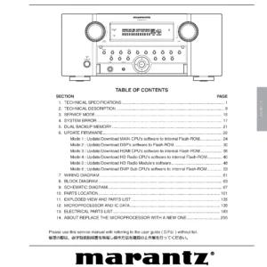 Marantz av8003 2 service manual cover with a photograph of this device, model type and code, manual contents and modification notice.
