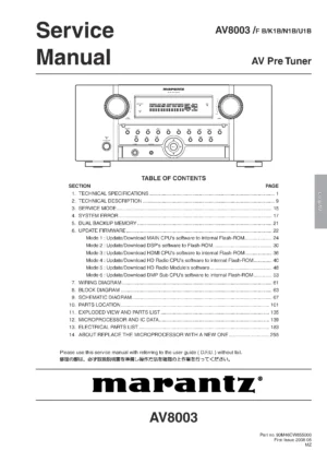 Marantz av8003 2 service manual cover with a photograph of this device, model type and code, manual contents and modification notice.