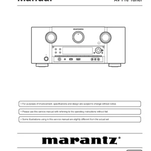 Marantz av8801 service manual cover with a photograph of this device, model type and code, manual contents and modification notice.