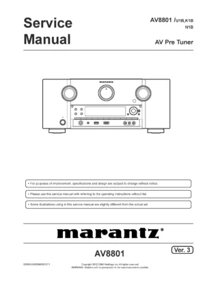 Marantz av8801 service manual cover with a photograph of this device, model type and code, manual contents and modification notice.