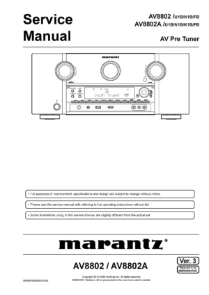 Marantz av8802 av8802a service manual cover with a photograph of this device, model type and code, manual contents and modification notice.