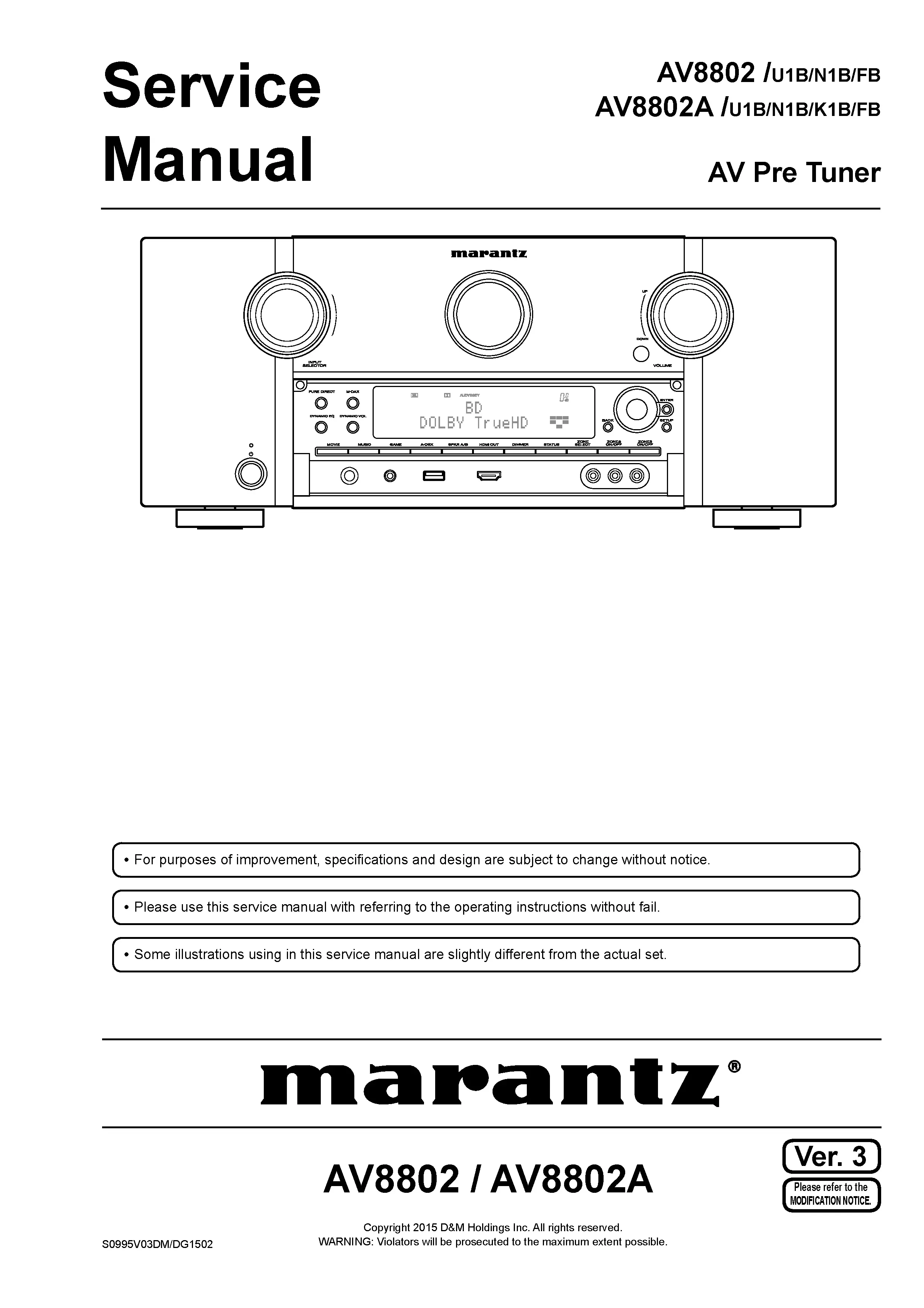 Marantz av8802 av8802a service manual cover with a photograph of this device, model type and code, manual contents and modification notice.