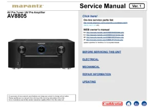 Marantz av8805 service manual cover with a photograph of this device, model type and code, manual contents and modification notice.