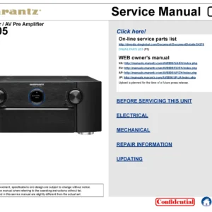 Marantz av8805 service manual cover with a photograph of this device, model type and code, manual contents and modification notice.