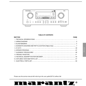 Marantz av9000 2 service manual cover with a photograph of this device, model type and code, manual contents and modification notice.