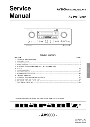 Marantz av9000 2 service manual cover with a photograph of this device, model type and code, manual contents and modification notice.