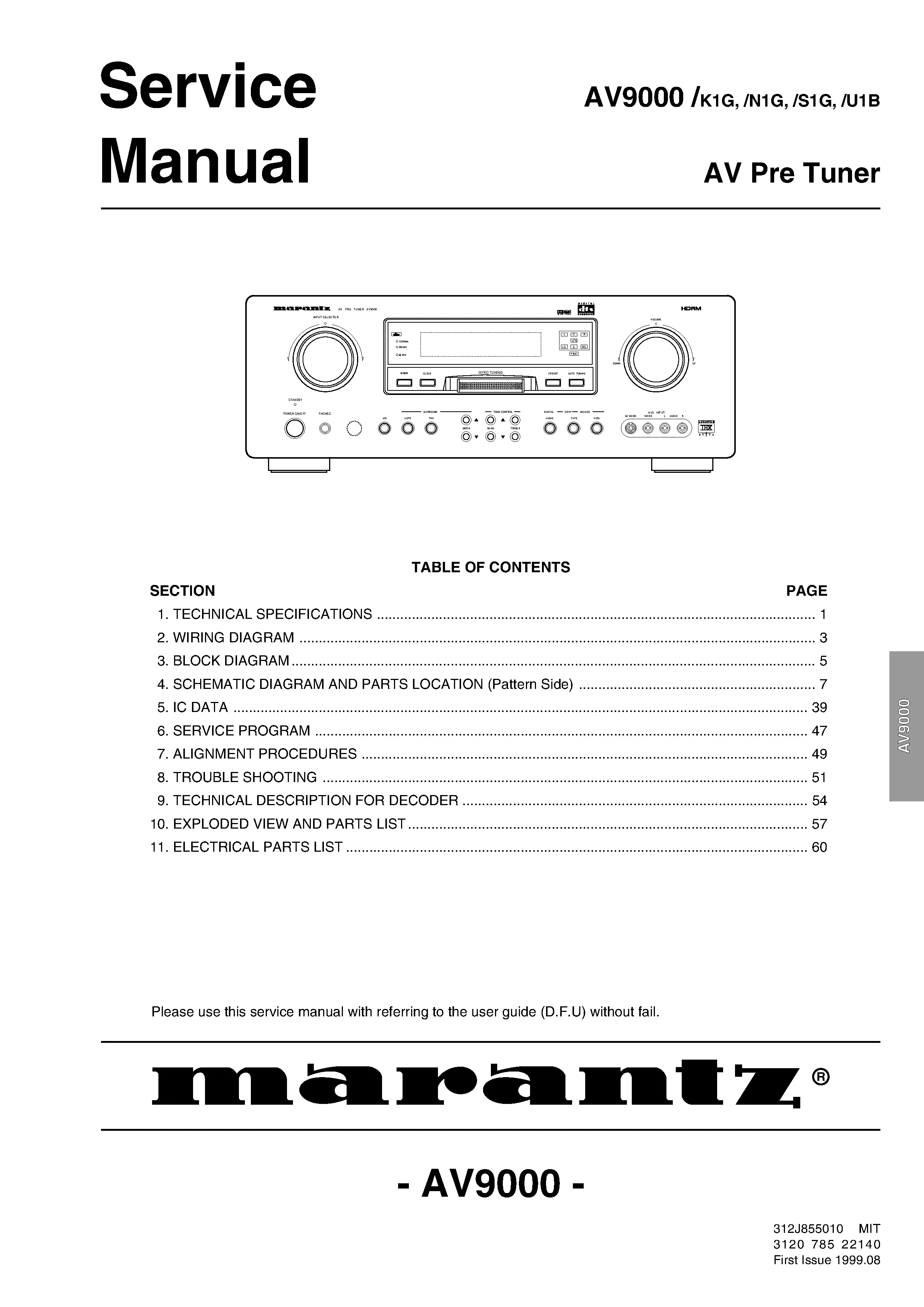 Marantz av9000 2 service manual cover with a photograph of this device, model type and code, manual contents and modification notice.