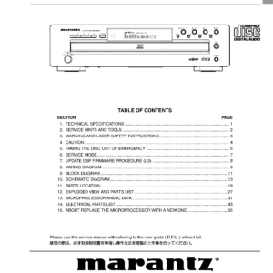 Marantz cc4001 5 service manual cover with a photograph of this device, model type and code, manual contents and modification notice.