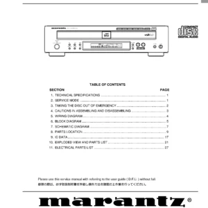 Marantz cc4300 5 service manual cover with a photograph of this device, model type and code, manual contents and modification notice.