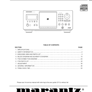 Marantz cc9100 5 service manual cover with a photograph of this device, model type and code, manual contents and modification notice.