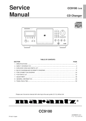 Marantz cc9100 5 service manual cover with a photograph of this device, model type and code, manual contents and modification notice.
