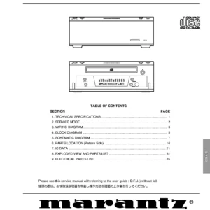 Marantz cd110 service manual cover with a photograph of this device, model type and code, manual contents and modification notice.