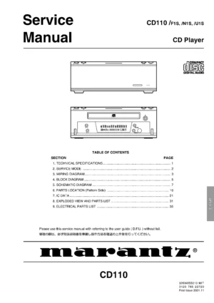 Marantz cd110 service manual cover with a photograph of this device, model type and code, manual contents and modification notice.