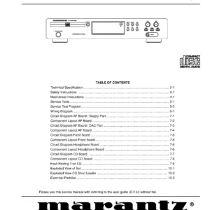 Marantz cd4000 service manual cover with a photograph of this device, model type and code, manual contents and modification notice.