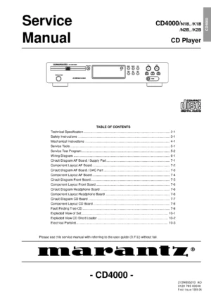 Marantz cd4000 service manual cover with a photograph of this device, model type and code, manual contents and modification notice.