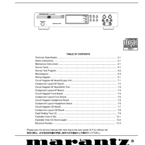 Marantz cd5000 service manual cover with a photograph of this device, model type and code, manual contents and modification notice.