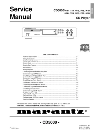 Marantz cd5000 service manual cover with a photograph of this device, model type and code, manual contents and modification notice.