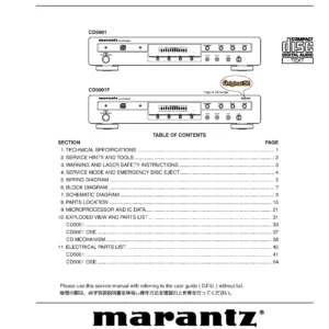 Marantz cd5001 cd5001f service manual cover with a photograph of this device, model type and code, manual contents and modification notice.