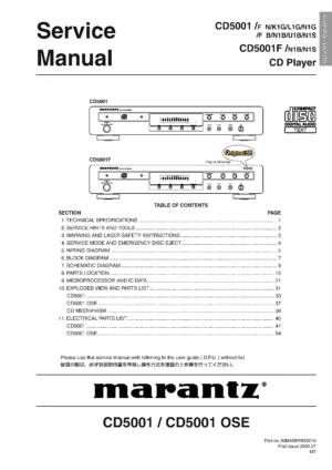 Marantz cd5001 cd5001f service manual cover with a photograph of this device, model type and code, manual contents and modification notice.