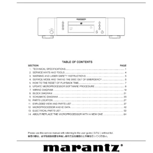 Marantz cd5003 service manual cover with a photograph of this device, model type and code, manual contents and modification notice.