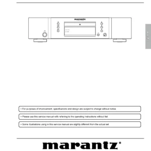 Marantz cd5004 service manual cover with a photograph of this device, model type and code, manual contents and modification notice.