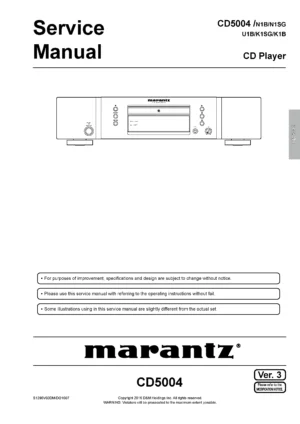 Marantz cd5004 service manual cover with a photograph of this device, model type and code, manual contents and modification notice.