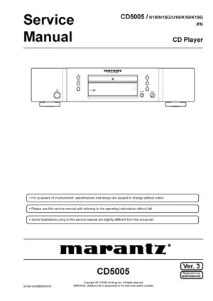 Marantz cd5005 service manual cover with a photograph of this device, model type and code, manual contents and modification notice.