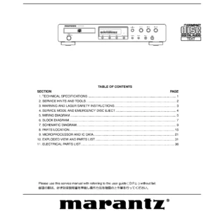 Marantz cd5400 service manual cover with a photograph of this device, model type and code, manual contents and modification notice.