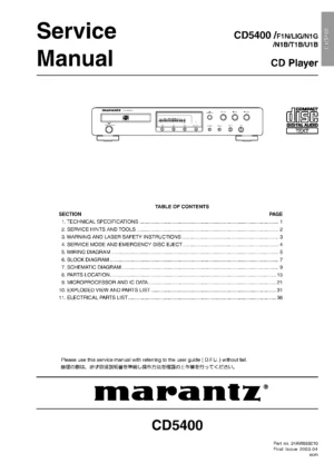 Marantz cd5400 service manual cover with a photograph of this device, model type and code, manual contents and modification notice.