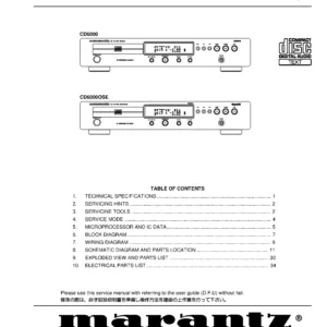 Marantz cd6000 service manual cover with a photograph of this device, model type and code, manual contents and modification notice.