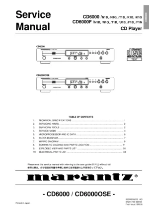 Marantz cd6000 service manual cover with a photograph of this device, model type and code, manual contents and modification notice.