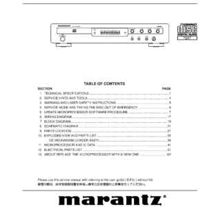 Marantz cd6002 service manual cover with a photograph of this device, model type and code, manual contents and modification notice.